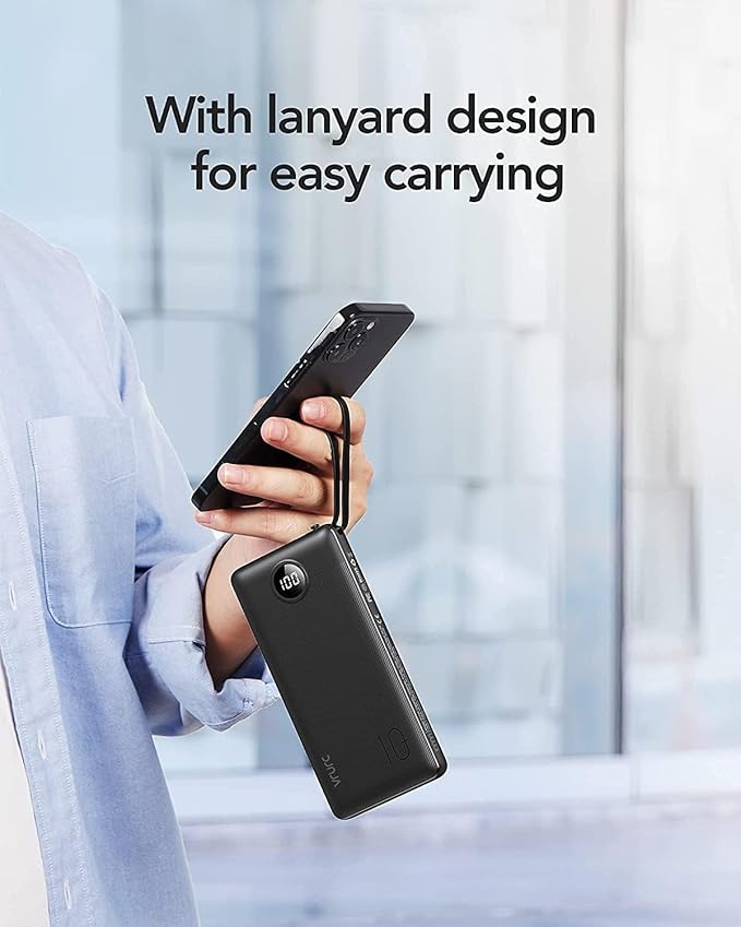 VRURC Portable Charger with Built in Cables, Slim Power Bank 10000mAh, USB C Battery Pack Travel Essential, 5 Outputs 2 Inputs Phone Charging Bank for iPhone 16 15 14 13,Samsung,Android-Black(1 Pack)