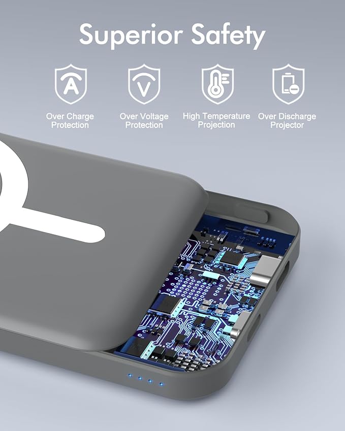 podoru for Magnetic Battery Pack, 5000mAh Magnetic Power Bank with Type-C Cable 20W PD Fast Charging Lighting Input Wireless Portable Charger for iPhone 17/16/15/14/13/12/ All Series-Gray