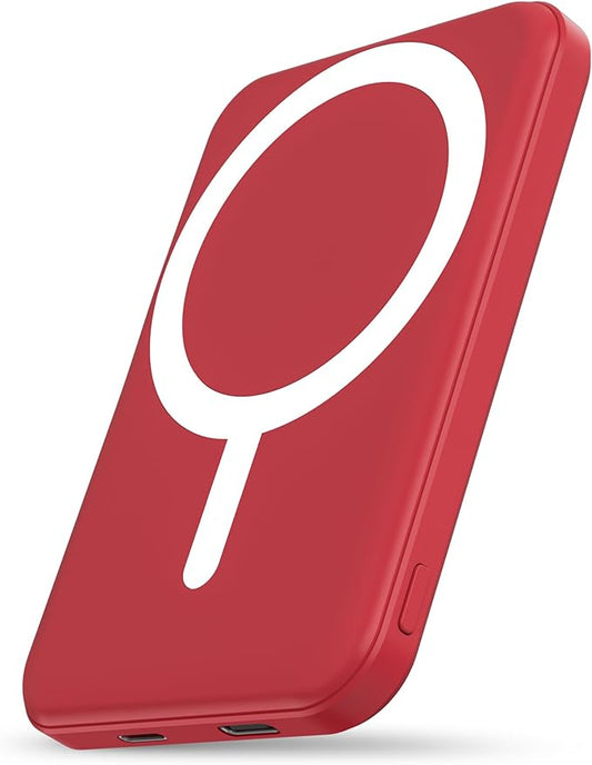 podoru for Magsafe Battery Pack, 5000mAh Magnetic Power Bank with Type-C Cable 20W PD Fast Charging Lighting Input Wireless Portable Charger for iPhone 17/16/15/14/13/12/ All Series-Red