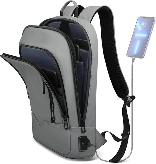 hk Backpack for Men Business Slim Backpack with USB Charger Computer Lightweight Anti-theft Travel (Grey, 17.3 Inch)