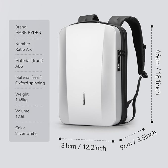 MARK RYDEN Laptop Backpack for Men, Hard Shell Anti-Theft Backpack with TSA Approved Lock and USB Charging Port, Business Backpack for Working, Commuting