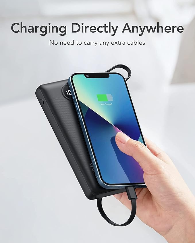 VRURC Portable Charger with Built in Cables, Slim Power Bank 10000mAh, USB C Battery Pack Travel Essential, 5 Outputs 2 Inputs Phone Charging Bank for iPhone 16 15 14 13,Samsung,Android-Black(1 Pack)