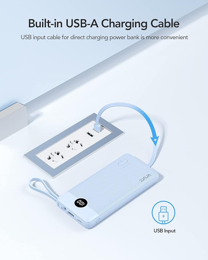 VRURC 10000mAh Power Bank Built-in Cables, Portable Charger with LED Display, Slim Travel Battery Pack with Cords, 5 Output Dual Input Phone Charger for Cell Phone Smart Devcies-Blue(1 Pack)