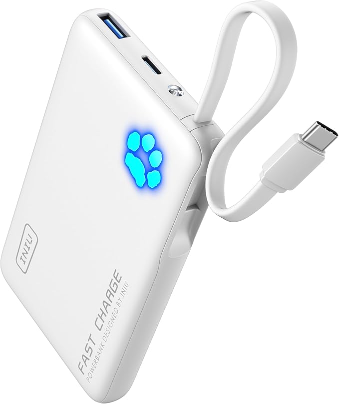 INIU Portable Charger, Slim 45W 10000mAh Power Bank with Build in USB-C Cable for Travel, Fast Charging USB C in&Out Battery Pack, External Phone Charger for iPhone 17 16 15 Samsung S25 S24 Google etc