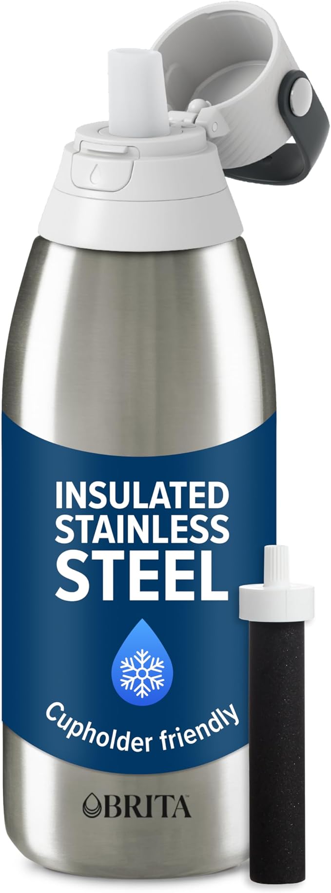 Brita Stainless Steel Premium Filtering Water Bottle, BPA-Free, Reusable, Insulated, Replaces 300 Plastic Water Bottles, Filter Lasts 2 Months or 40 Gallons, Includes 1 Filter, Stainless - 32 oz