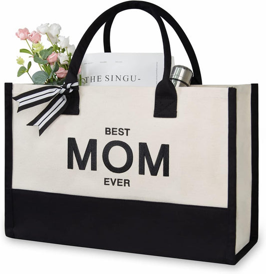 TOPDesign Embroidery Canvas Tote Bag for Women, Best Mom Ever Gifts from Daughter or Son, Unique Mom Birthday, Mothers Day Present, Personalized Bag for Beach, Holiday