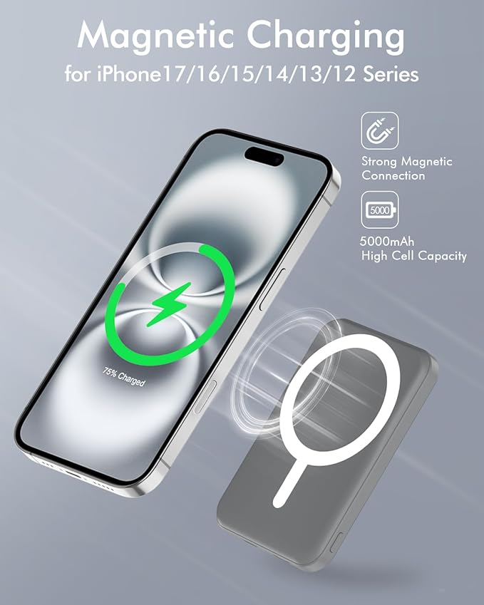 podoru for Magnetic Battery Pack, 5000mAh Magnetic Power Bank with Type-C Cable 20W PD Fast Charging Lighting Input Wireless Portable Charger for iPhone 17/16/15/14/13/12/ All Series-Gray