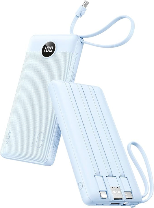 VRURC 10000mAh Power Bank Built-in Cables, Portable Charger with LED Display, Slim Travel Battery Pack with Cords, 5 Output Dual Input Phone Charger for Cell Phone Smart Devcies-Blue(1 Pack)