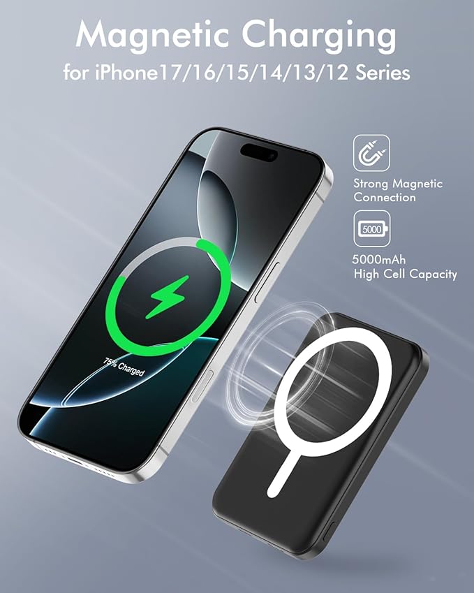 podoru for Magsafe Battery Pack, 5000mAh Magnetic Power Bank with Type-C Cable 20W PD Fast Charging Lighting Input Wireless Portable Charger for iPhone 17/16/15/14/13/12/ All Series-Black