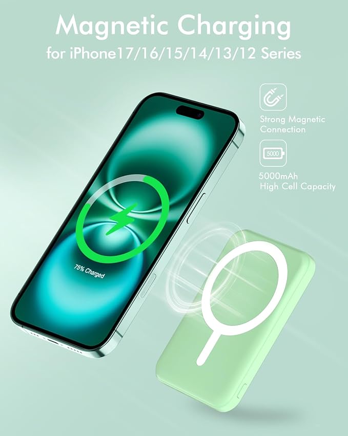 podoru for Magsafe Battery Pack, 5000mAh Magnetic Power Bank with Type-C Cable 20W PD Fast Charging Lighting Input Wireless Portable Charger for iPhone 17/16/15/14/13/12/ All Series-Green