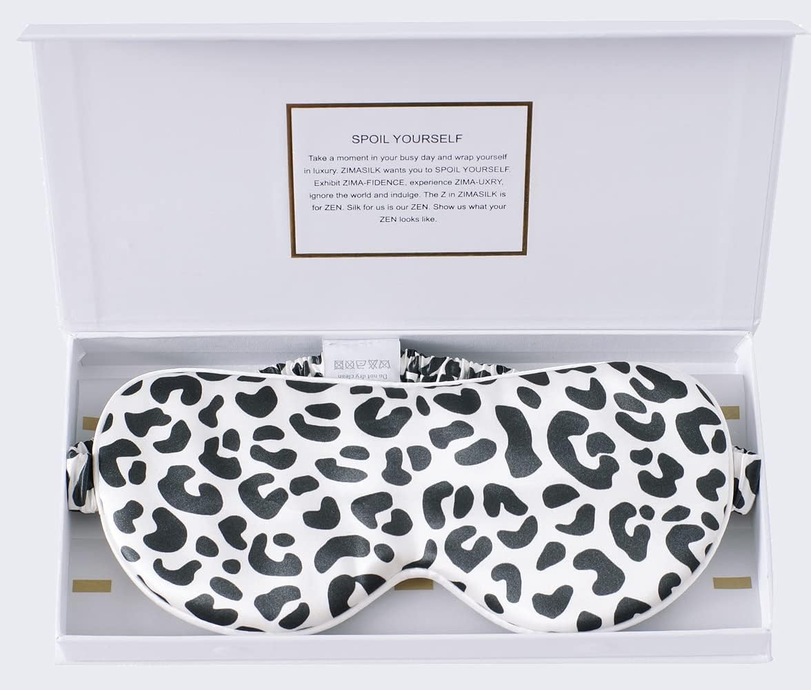 ZIMASILK Adjustable 100% 22 Momme Mulberry Silk Sleep Mask for Sleeping, Filled with Premium Mulberry Silk, Softest & Breathable Eye Sleeping Mask (Leopard - Black White)