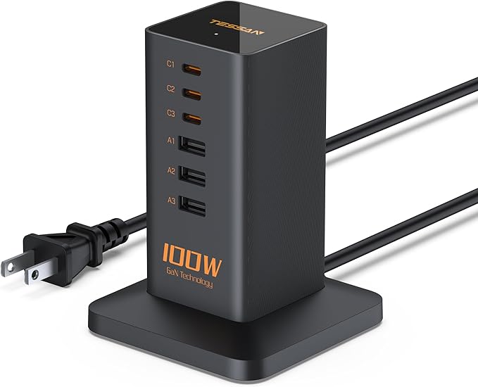 USB C Charger Blcok PD 100W, TESSAN 6-in-1 Charging Station for Multiple Devices, Desktop Tower Charger with 6 USB Ports for iPhone 17/16/15, MacBook, Tablet, Office Home Dorm Room Accessories
