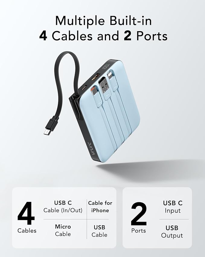 VRURC 10000mAh Portable Charger for iPhone with Built-in Cables, PD 20W Fast Charging Power Bank, Battery Pack for iPhone 17 16 15 14 13 Samsung Galaxy S25 S24 Series Android, Blue(1 Pack)