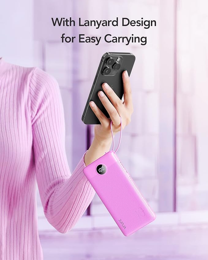 VRURC Portable Charger 10000mAh, Travel Essentials Battery Pack, 5 Output 2 Input Power Bank, Built-in Micro & USB C Cables Phone Charger Compatible with iPhone,Samsung,Android-Purple(1 Pack)