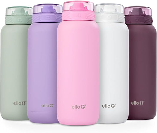 Ello Cooper 22oz Stainless Steel Water Bottle with Straw and Carry Handle, Double Walled and Vacuum Insulated Metal, Leak Proof Locking Lid with Soft Silicone Spout, Reusable, BPA Free, Bubblegum