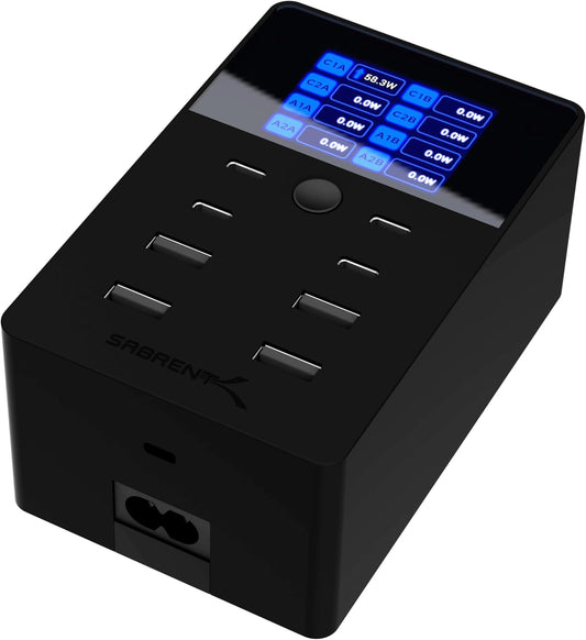 SABRENT 252W Charger – 8-Port USB PD 3.0 with LCD Display, Fast Charging for USB-C & USB-A Devices, Laptops, Phones, Tablets, Gaming Consoles – PPS, Overcharge Protection, Travel-Friendly (AX-8PTC)