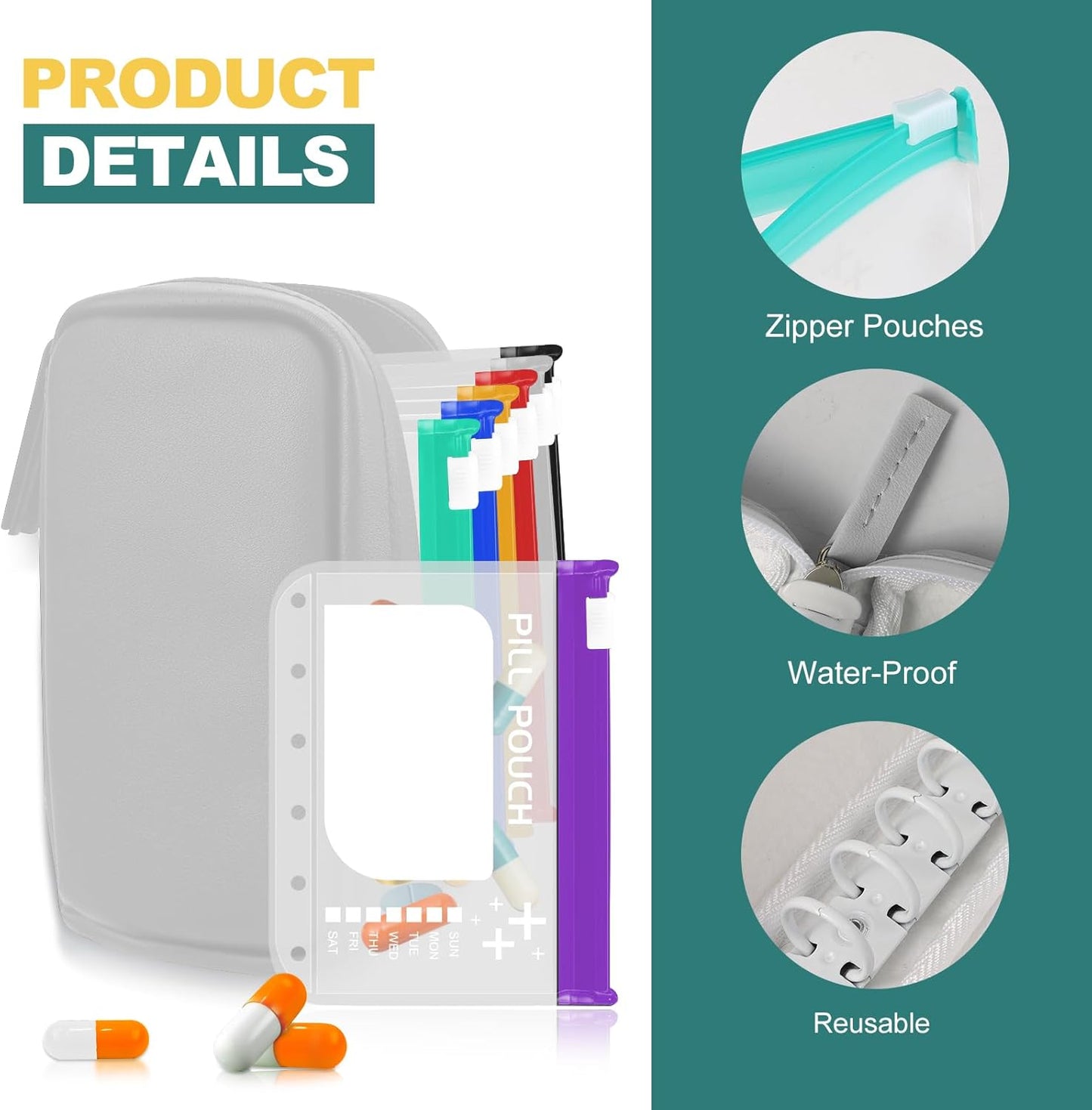 A7-L Water-Proof Pill Pouch Set， Large Pill Organizer, BPA Free, A7-L Pill Loose-Leaf Storage with Color-Coded Medicine Pouches, Reusable Travel Medicine Organizer， Zippered Pill Organizers Weekly