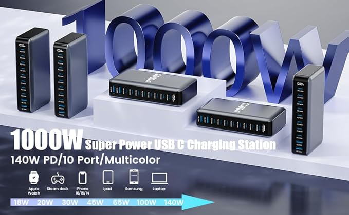 1000W USB C Charger Block,10-Port USB C Charging Station GaN IV Travel Essentials Multiple Port Charging Station,140W Laptop Fast Charger Adapter for MacBook Pro/Air,DELL,iPad,iPhone,Samsung Galaxy