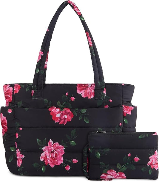 TOPDesign Puffer Tote Bag for Women, Lightweight Puffy Handbag with Compartments, Quilted Shoulder Bag for Work, Travel, Gym