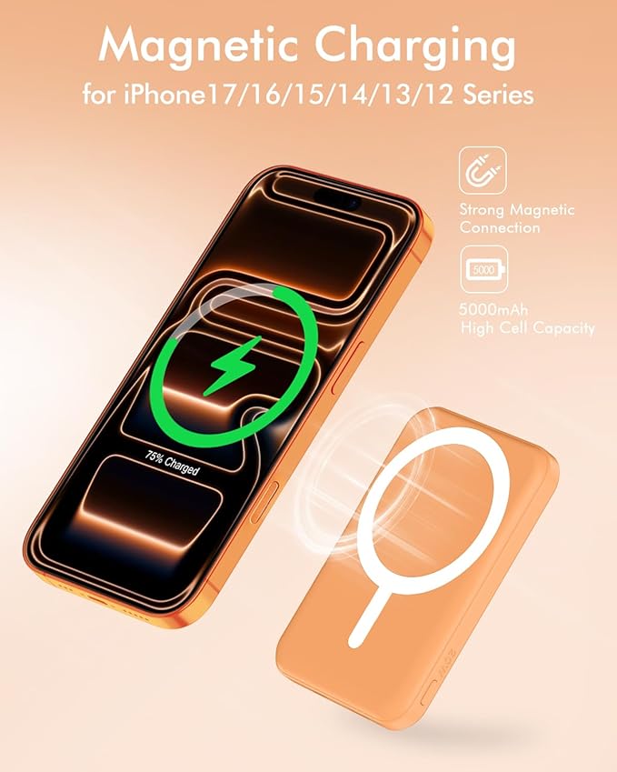 podoru for Magnetic Battery Pack, 5000mAh Magnetic Power Bank with Type-C Cable 20W PD Fast Charging Lighting Input Wireless Portable Charger for iPhone 17/16/15/14/13/12/ All Series-Orange