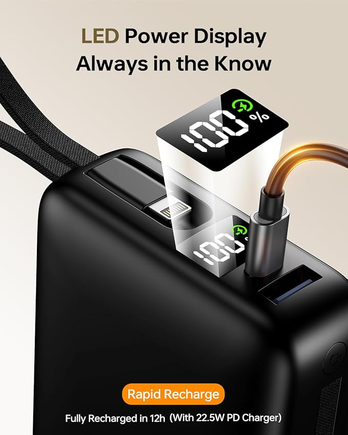 Portable Charger 50000mAh Power Bank,Portable Phone Charger with 2 Built in Cables,22.5W Fast Charging Travel Essentials Battery Pack for iPhone/iPad/MacBook/Android/Samsung Galaxy,Carbon Black