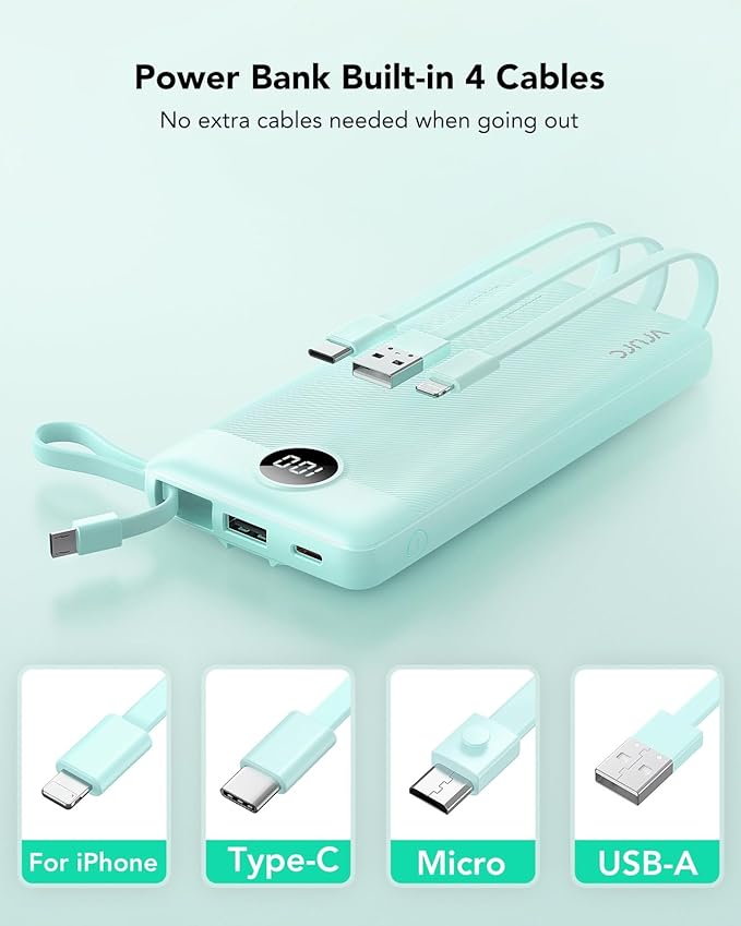 VRURC Portable Phone Charger, Portable Charger USB C 10000mAh, 5 Outputs 2 Inputs Travel Battery Power Bank Built-in Cables Cords for iPhone 17 Pro 17 16 15 14 13,Samsung,Android-Green(1 Pack)