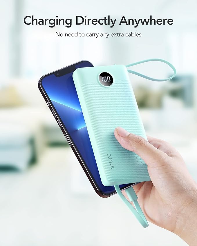 VRURC Portable Phone Charger, Portable Charger USB C 10000mAh, 5 Outputs 2 Inputs Travel Battery Power Bank Built-in Cables Cords for iPhone 17 Pro 17 16 15 14 13,Samsung,Android-Green(1 Pack)