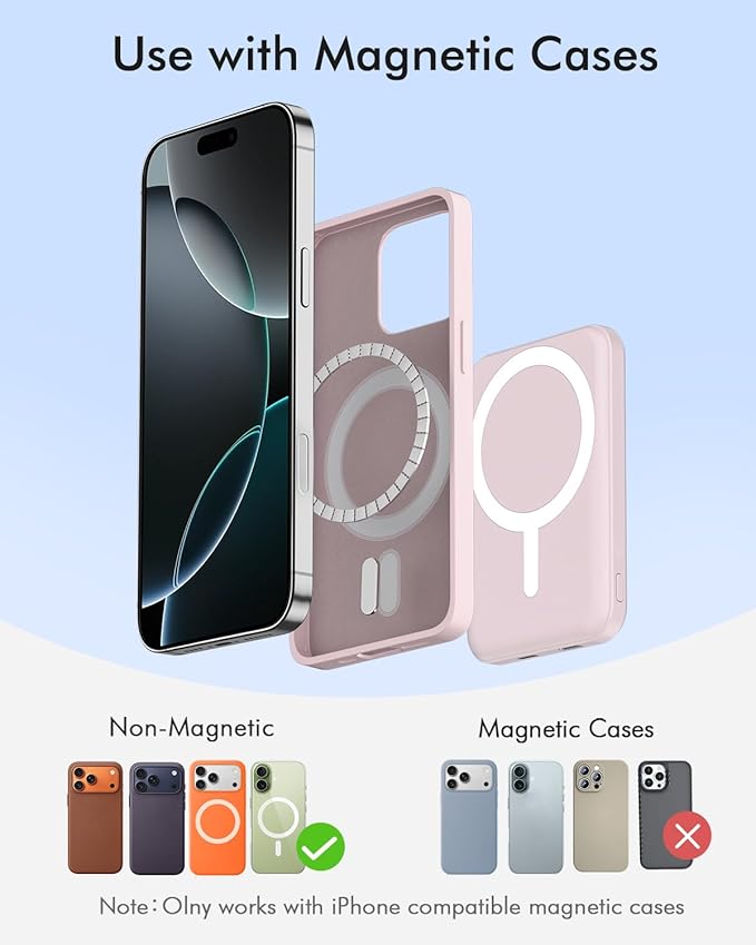 podoru for Magsafe Battery Pack, 5000mAh Magnetic PowerBank with Type-C Cable 20W PD Fast Charging Lighting Input Wireless Charger for iPhone 17/16/15/14/13/12/ All Series-Light Pink