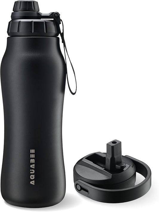 Insula Stainless Steel Water Bottle with Spout & Straw lid, BPA Free & Leakproof, Double Walled Vacuum Insulated water bottle for Sports, Bike, Travel & Hiking (Midnight Black, 24 Oz)