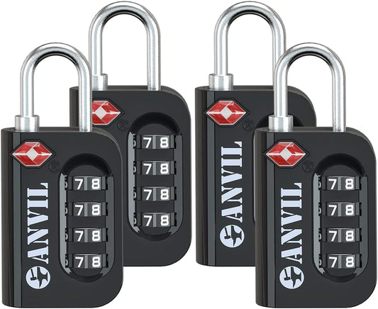 ANVIL TSA Approved Luggage Lock - 4 Digit Combination, 10,000 Combinations, Easy-Read Password Window, Travel Lock for Suitcases, Backpacks, Gym & Student Lockers, Baggage