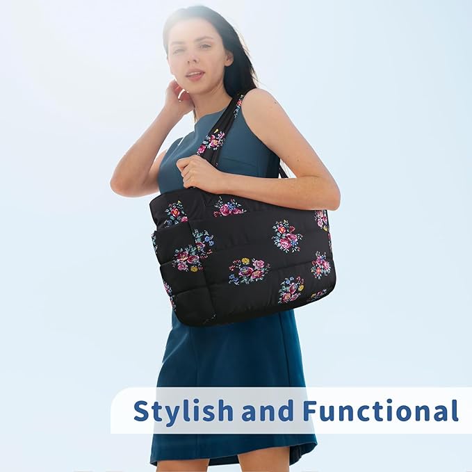 TOPDesign Puffer Tote Bag for Women, Lightweight Puffy Handbag with Compartments, Quilted Shoulder Bag for Work, Travel, Gym