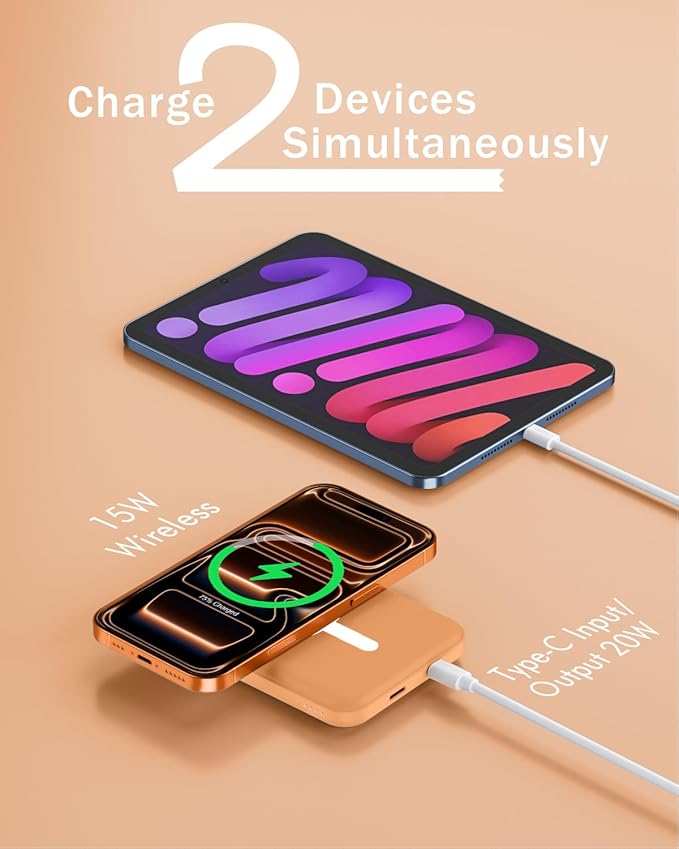 podoru for Magnetic Battery Pack, 5000mAh Magnetic Power Bank with Type-C Cable 20W PD Fast Charging Lighting Input Wireless Portable Charger for iPhone 17/16/15/14/13/12/ All Series-Orange