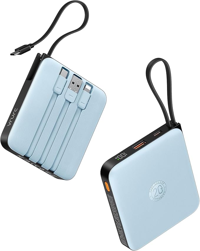 VRURC 10000mAh Portable Charger for iPhone with Built-in Cables, PD 20W Fast Charging Power Bank, Battery Pack for iPhone 17 16 15 14 13 Samsung Galaxy S25 S24 Series Android, Blue(1 Pack)