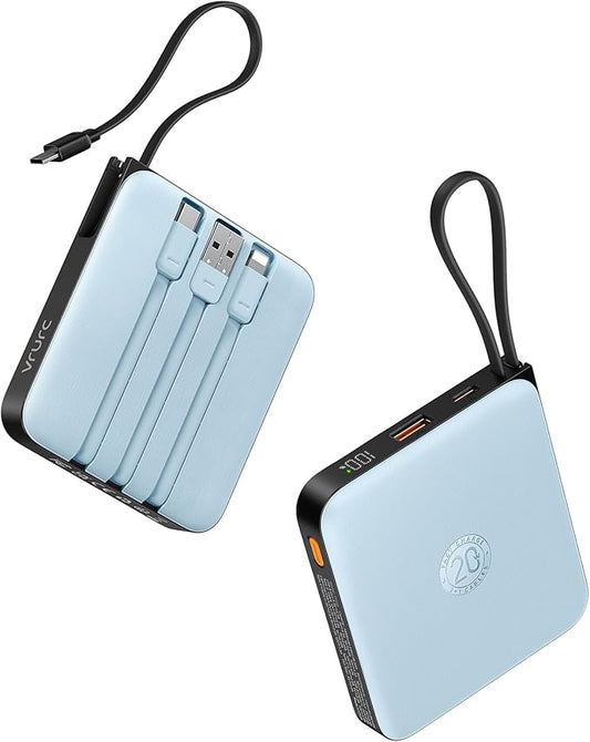 VRURC 10000mAh Portable Charger for iPhone with Built-in Cables, PD 20W Fast Charging Power Bank, Battery Pack for iPhone 17 16 15 14 13 Samsung Galaxy S25 S24 Series Android, Blue(1 Pack)