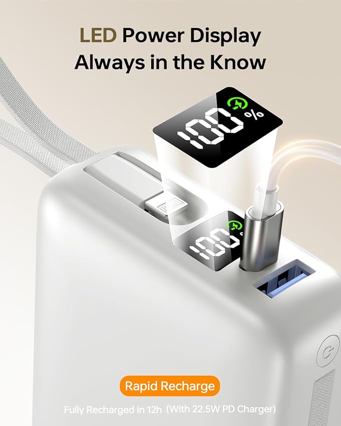 Portable Charger 50000mAh Power Bank,Portable Phone Charger with 2 Built in Cables,22.5W Fast Charging Travel Essentials Battery Pack for iPhone/iPad/MacBook/Android/Samsung Galaxy, White