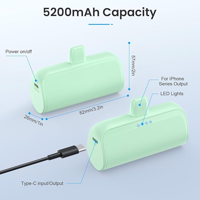 Mini Portable Charger Power Bank for iPhone,5200mAh Portable Phone Charger, Ultra-Compact PD Fast Charging Battery Pack Compatible with iPhone 14/14 Plus/Pro Max/13/12/12 Mini/11/XS/XR/X/8/7/6/6s