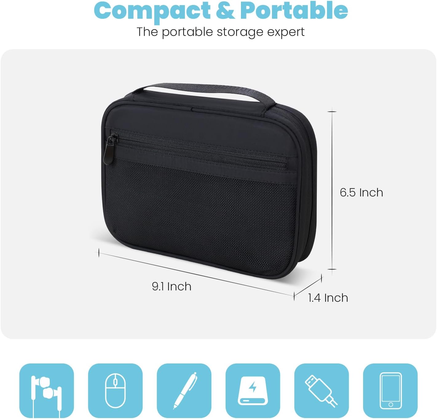 Electronics Organizer Bag, Portable Cable Organizer Case Travel Electronic Accessories Storage Case - Travel storage bag for Cables, Chargers, Phone, SD Cards - Black