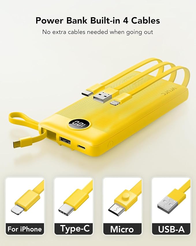 VRURC Portable Charger with Built-in Cables, 10000mAh LED Display USB C Power Bank, Slim Travel Battery Pack with 5 Output 2 Input Compatible with iPhone 17 16 15 13,Samsung,Android etc-Yellow(1 Pack)