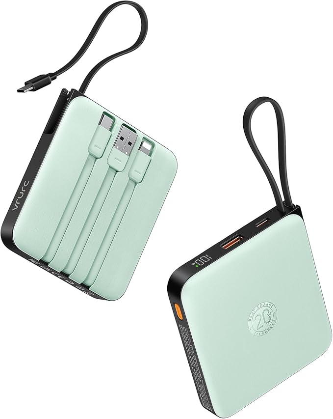 VRURC Portable Charger USB C, Power Bank with Built-in Cable, 10000mAh 20W Battery Pack for iPhone 16 15 14 Samsung Galaxy S23 S22 Google, Note 20, Pixel, Moto, LG Android Phone, Green(1 Pack)