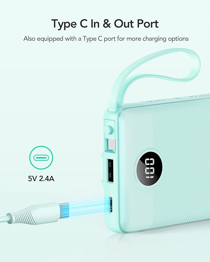 VRURC Portable Phone Charger, Portable Charger USB C 10000mAh, 5 Outputs 2 Inputs Travel Battery Power Bank Built-in Cables Cords for iPhone 17 Pro 17 16 15 14 13,Samsung,Android-Green(1 Pack)