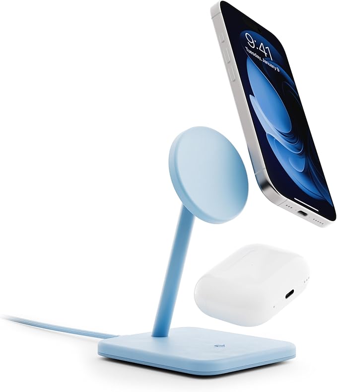 Twelve South HiRise 2 Deluxe 2-in-1 Wireless Charging Station for Apple Devices Qi2 MagSafe Charger, Fast Charger Stand for iPhone 15 14 13 12 Pro & Max Series AirPods Pro/3/2, Glacial Blue