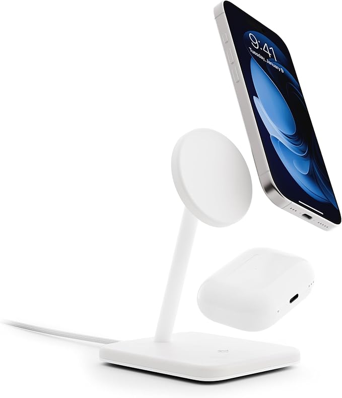 Twelve South HiRise 2 Deluxe 2-in-1 Wireless Charging Station for Apple Devices - Qi2 MagSafe Charger, Fast Wireless Charger Stand for iPhone 15 14 13 12 Pro & Max Series, AirPods Pro/3/2, White