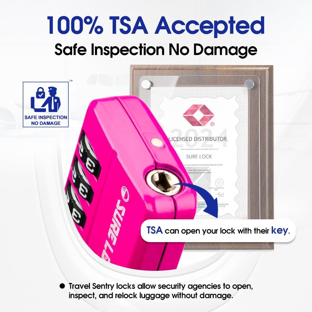SURE LOCK TSA Approved 4-Digit Resettable Combination Luggage Locks with Open Alert, Easy-Read Dials - for Luggage, School Lockers, Gym, Office, Toolbox & Security Cases (Pink 2 Pack)