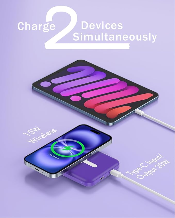 podoru for Magsafe Battery Pack, 5000mAh Magnetic Power Bank with Type-C Cable 20W PD Fast Charging Lighting Input Wireless Portable Charger for iPhone 17/16/15/14/13/12/ All Series-Demon Purple