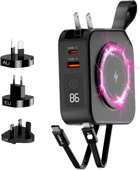 STATIK SmartCharge 5-in-1 Travel Power Bank with Wall Plug & Built in USB C Cables, 10000mAh International Travel Essentials & European Portable Charger, Compatible with iPhone 16/15/14 iPad & Samsung