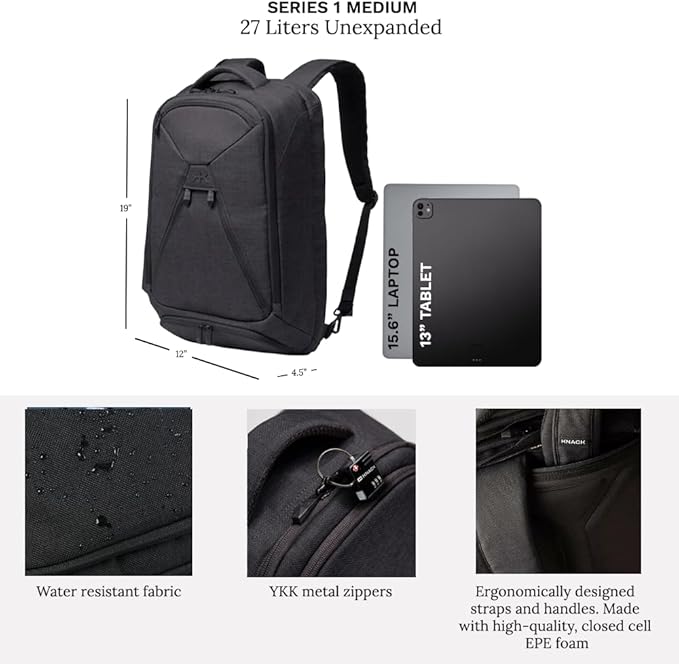 Knack Series 1 Laptop Backpack Fits up to 15 Inch - Knack Bags Carry-On Backpack, TSA Approved, Expandable Travel Backpacks With 3 Day Outfit Capacity (Stealth Black, Medium)