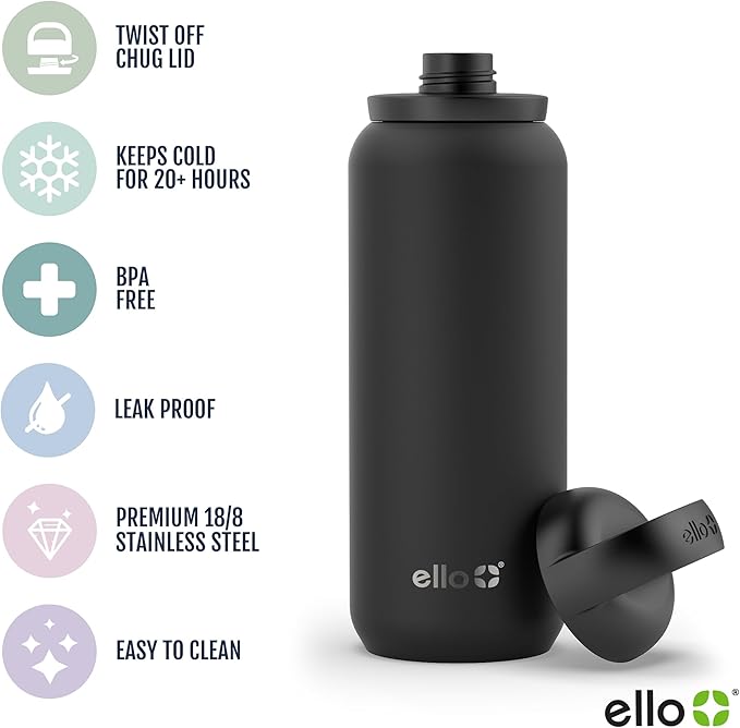 Ello Cooper Twist 32oz Stainless Steel Water Bottle with Chug Lid | Leak Proof | Double Walled and Vacuum Insulated | Built in Carry Loop | Dishwasher Safe | Lilac