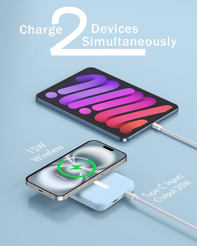 podoru for Magsafe Battery Pack, 5000mAh Magnetic Power Bank with Type-C Cable 20W PD Fast Charging Lighting Input Wireless Portable Charger for iPhone 17/16/15/14/13/12/ All Series-Sierra Blue