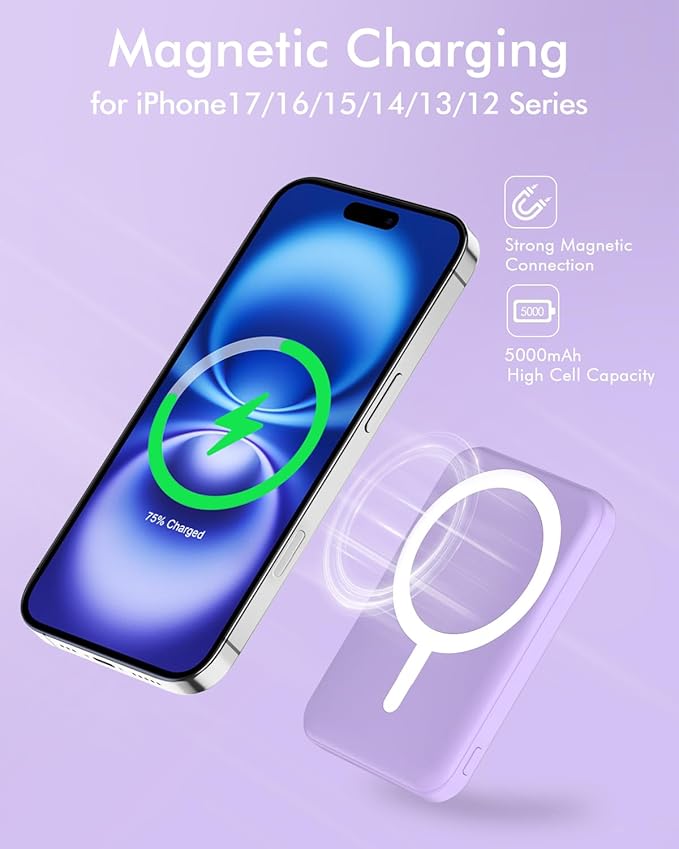 podoru for Magsafe Battery Pack, 5000mAh Magnetic Power Bank with Type-C Cable 20W PD Fast Charging Lighting Input Wireless Portable Charger for iPhone iPhone 17/16/15/14/13/12/ All Series-Purple