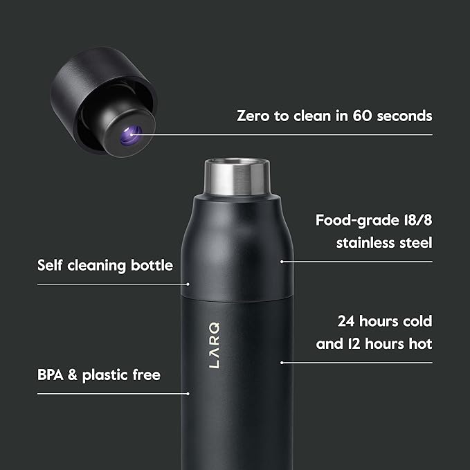 LARQ Bottle PureVis 17 oz - Self-Cleaning and Insulated Stainless Steel Water Bottle with UV Water Purifier and Award-winning Design | Reusable & Travel Friendly, Obsidian Black